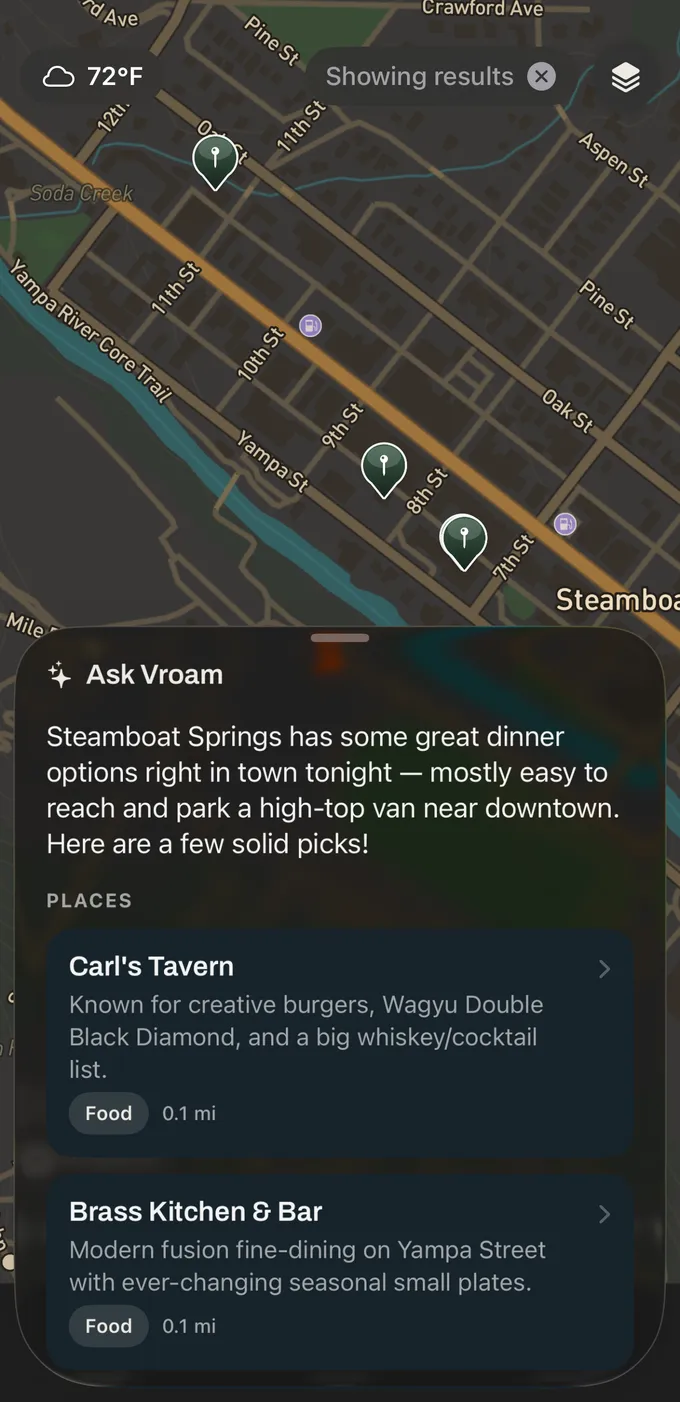 The Ask Vroam assistant answering a plain-language question with real spots plotted on the map rather than a list of links.