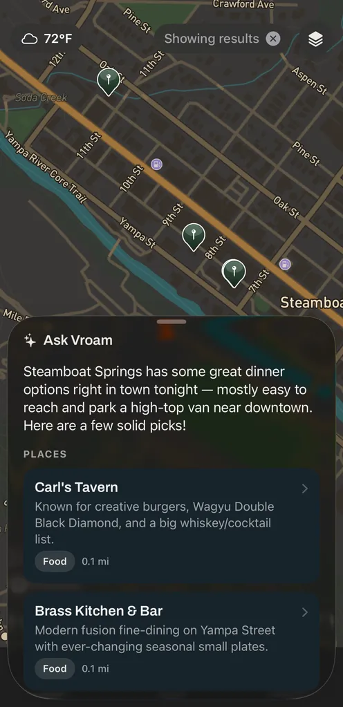 An Ask Vroam answer in Steamboat Springs, with result pins dropped on the streets of the map and a sheet below carrying a plain-language reply and named local picks, each with a short description and how far away it is.