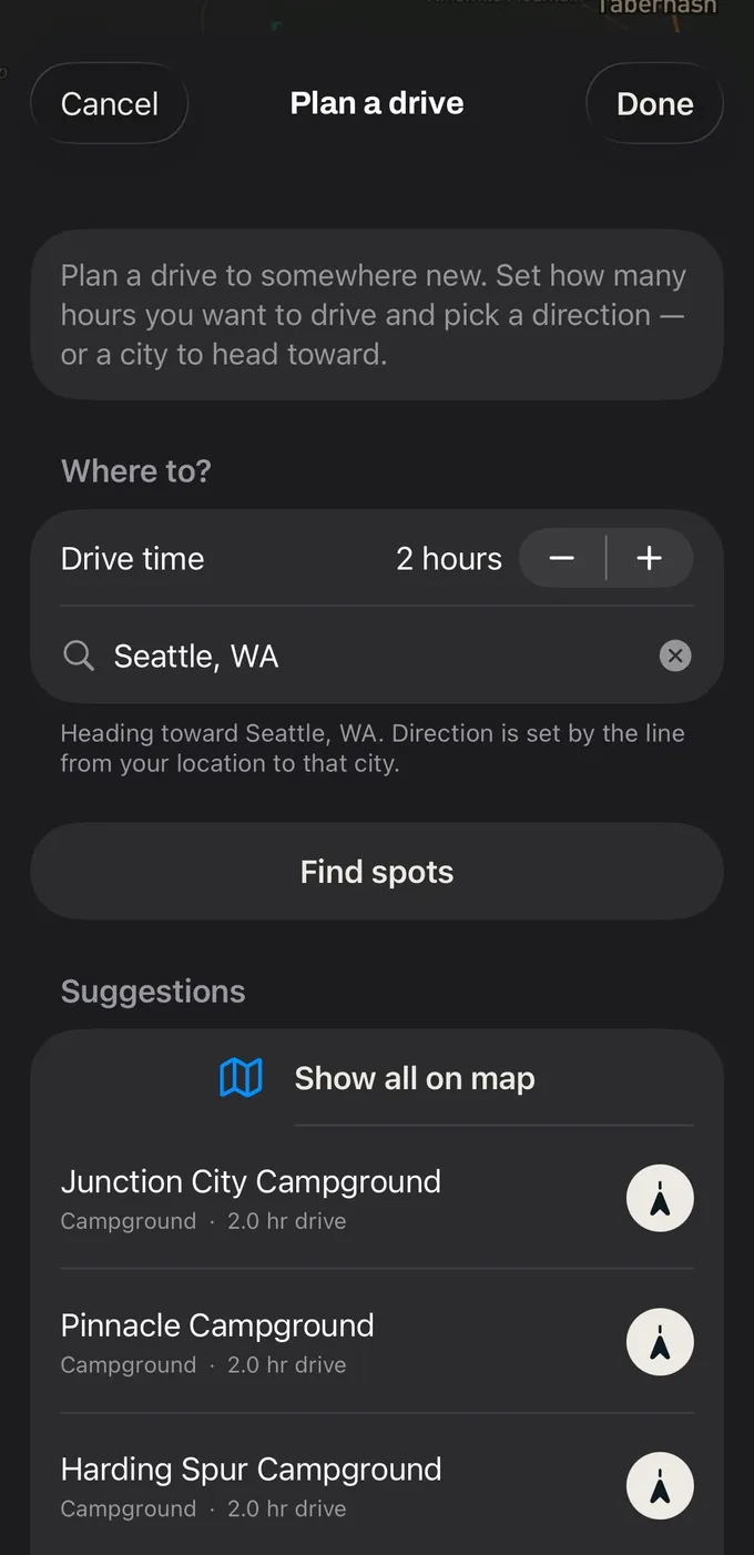 The Vroam drive planner filled in with a time window and a direction, showing the spots that fall inside that window along real roads.