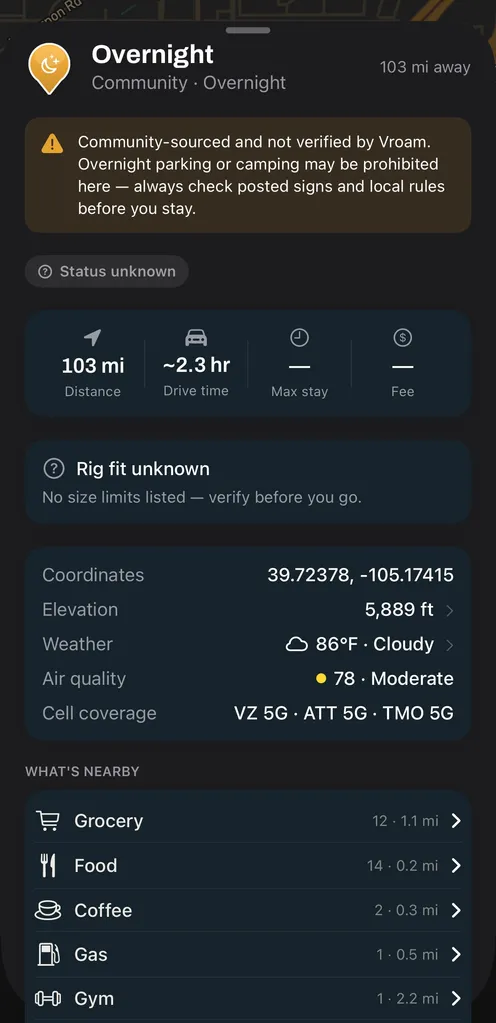 A Vroam spot sheet for a community-submitted overnight spot, headed by a caution that it is not verified by Vroam, with rows for coordinates, elevation, weather and air quality, ending in a cell coverage row reading VZ 5G, ATT 5G and TMO 5G for that exact point.