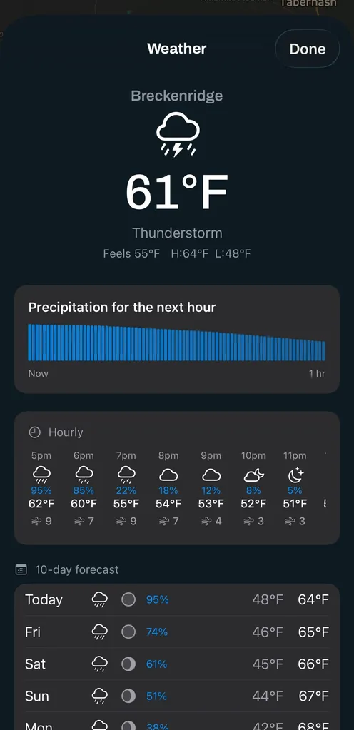 Vroam's weather sheet for Breckenridge, showing a thunderstorm at sixty-one degrees with the feels-like, high and low beneath it, a bar chart headed Precipitation for the next hour, an hourly strip carrying rain chance, temperature and wind speed for each hour, and the first rows of the ten-day forecast with moon phase.