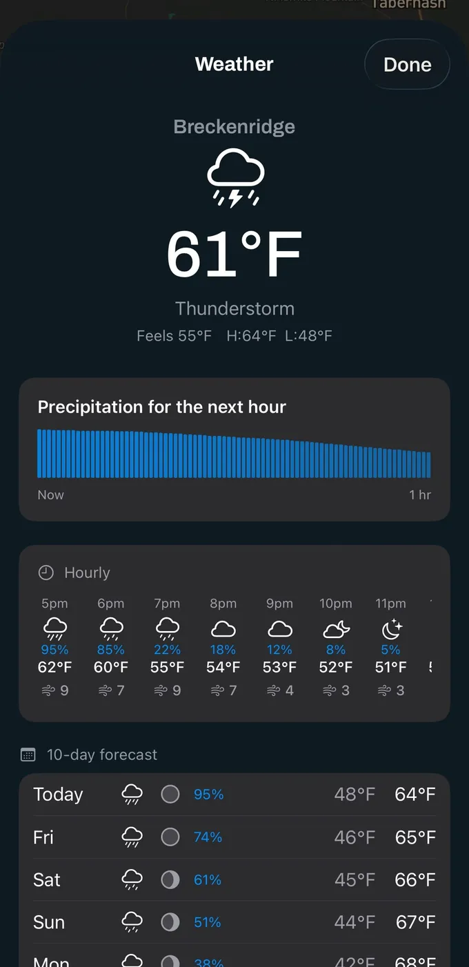 The Vroam weather sheet for a pin near Breckenridge showing 61 degrees and thunderstorms, next-hour precipitation, an hourly strip and a 10-day forecast.
